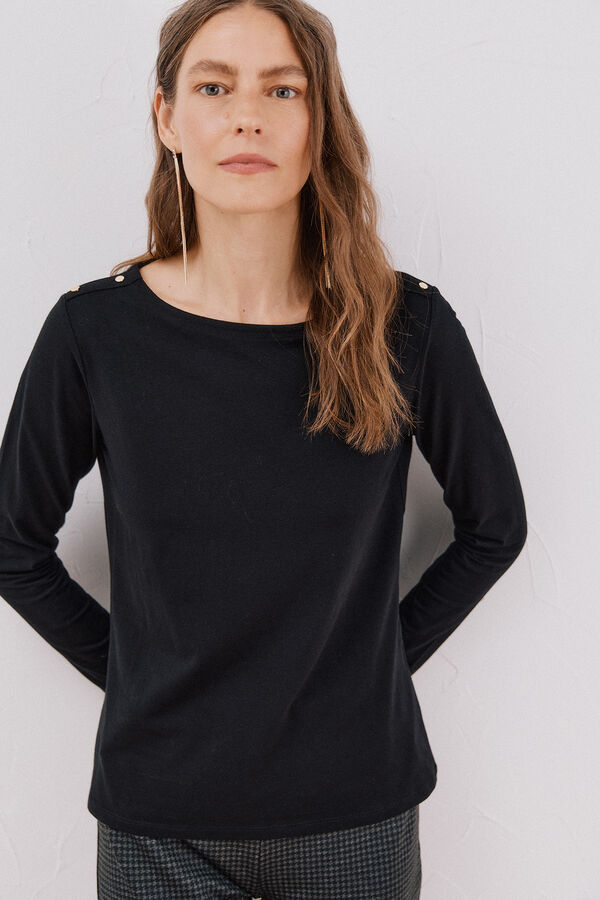 Cortefiel Boat neck T-shirt with buttons Black