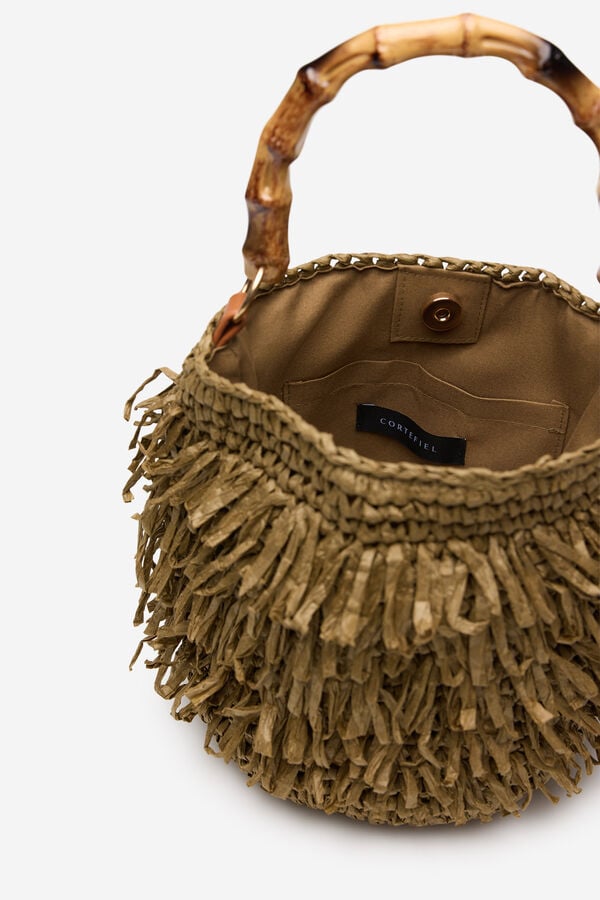 Cortefiel Raffia fringed handbag Kaki