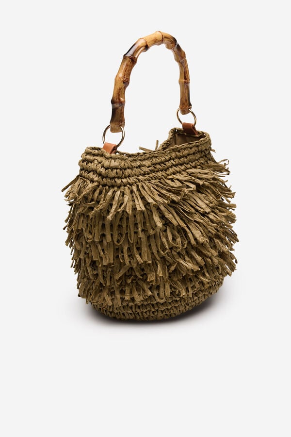 Cortefiel Raffia fringed handbag Kaki