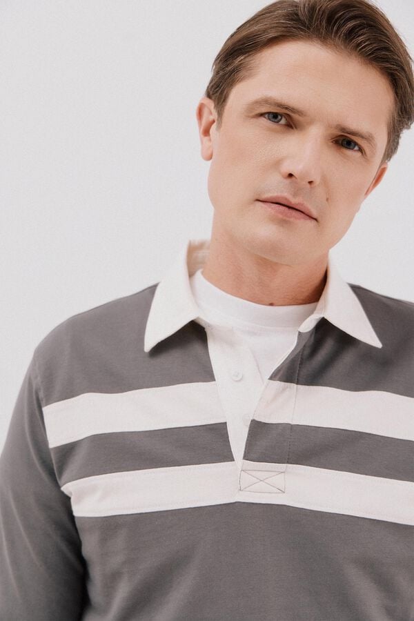 Cortefiel Striped rugby polo shirt Grey