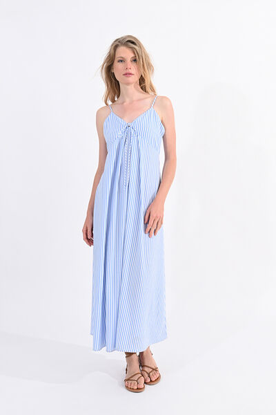 Cortefiel Long dress with printed motif and tie detail Blue