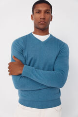 Cortefiel Basic cotton V neck knit jersey-knit Blue