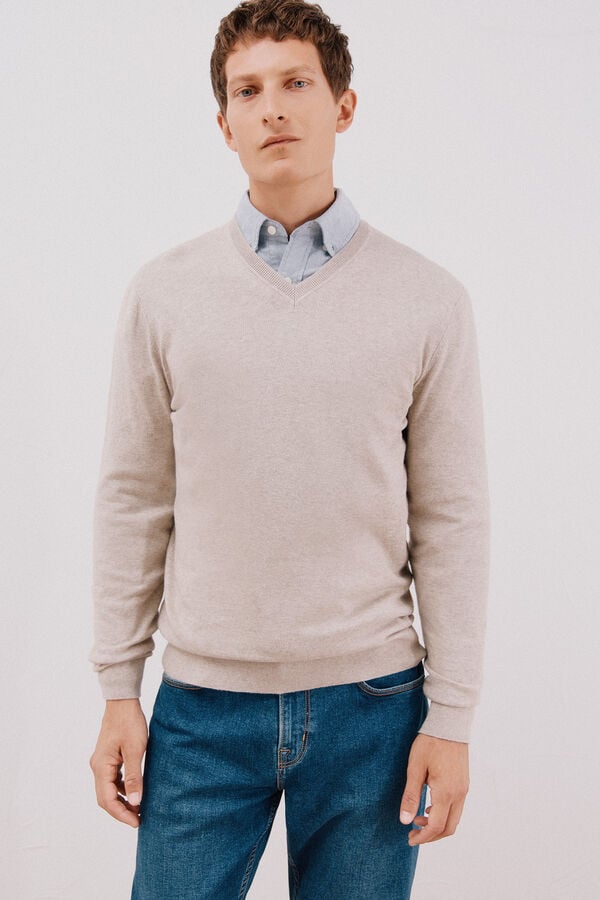 Cortefiel Cotton/cashmere V-neck jumper Beige