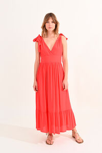 Cortefiel Long dress with tie belt and ruffles Red