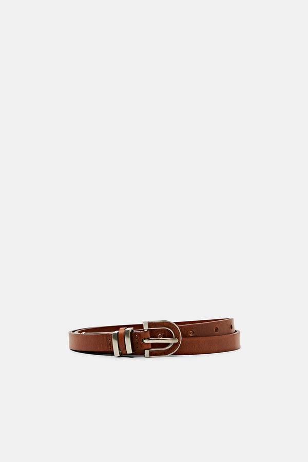 Cortefiel Narrow leather belt with metal tip Brown