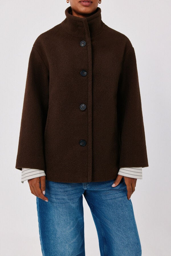 Cortefiel Short funnel neck coat Dark brown