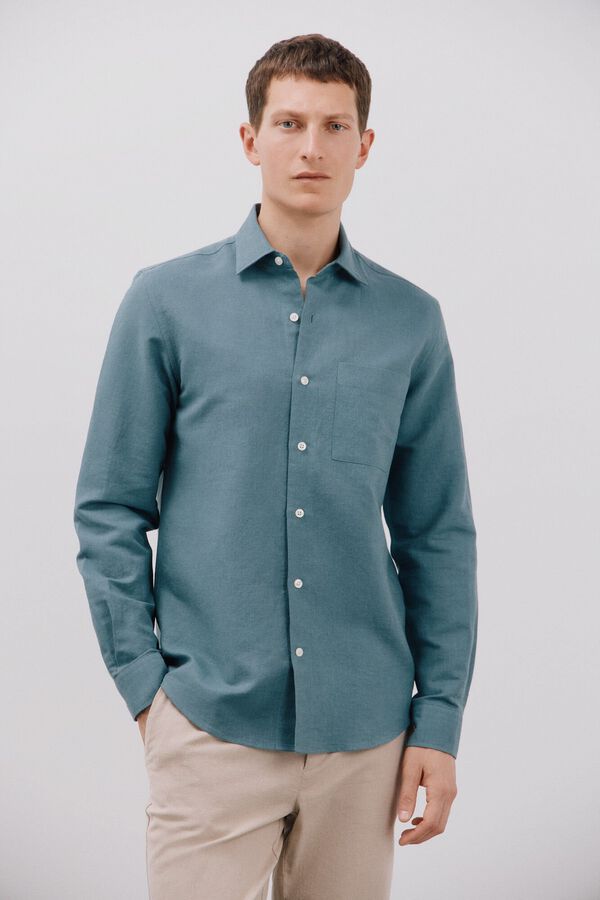Cortefiel Plain linen/cotton shirt Blue