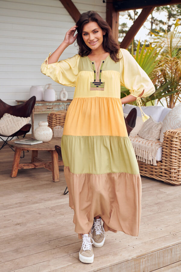 Cortefiel Long loose fit dress Printed yellow