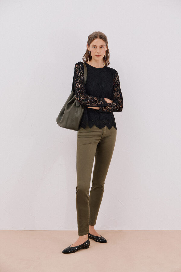 Cortefiel long sleeve guipure top Black