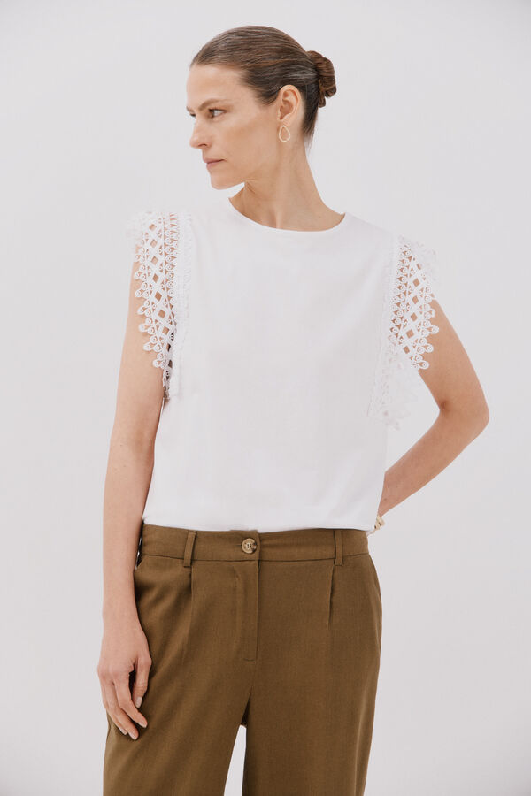 Cortefiel Guipure sleeve -shirt White