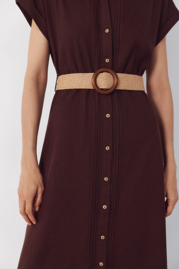 Cortefiel Vestido lino Marr&oacute;n oscuro