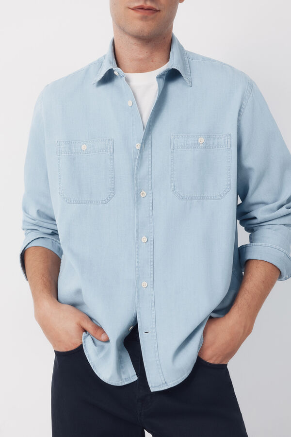 Cortefiel Denim chambray long sleeve shirt Blue