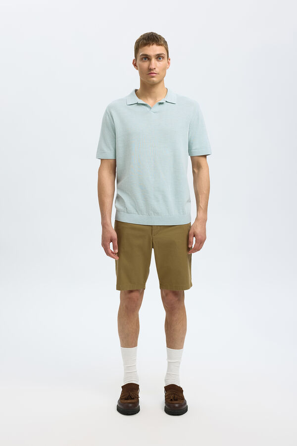 Selected short sleeve linen polo shirt Blue