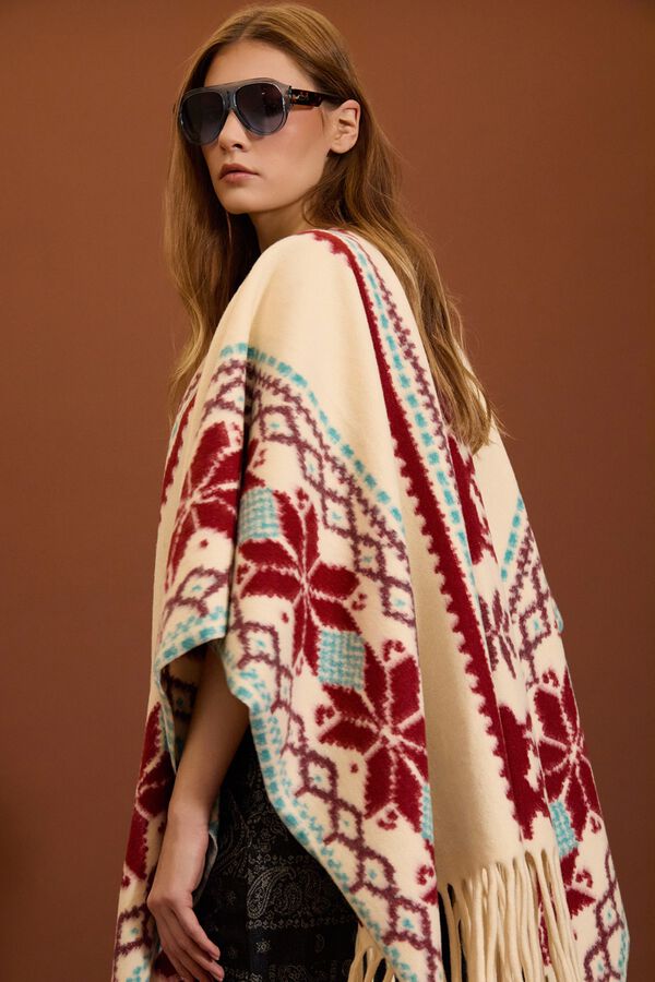 Meisie Ethnic poncho with fringes Printed white