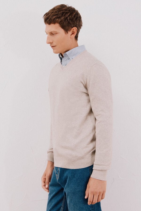 Cortefiel Cotton/cashmere V-neck jumper Beige