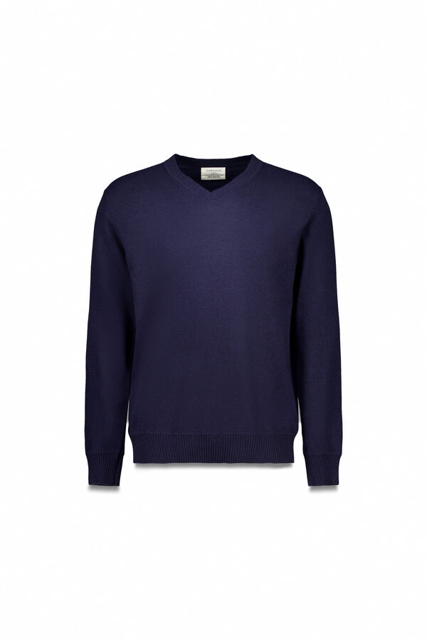 Cortefiel Lambswool round V wool sweater Navy