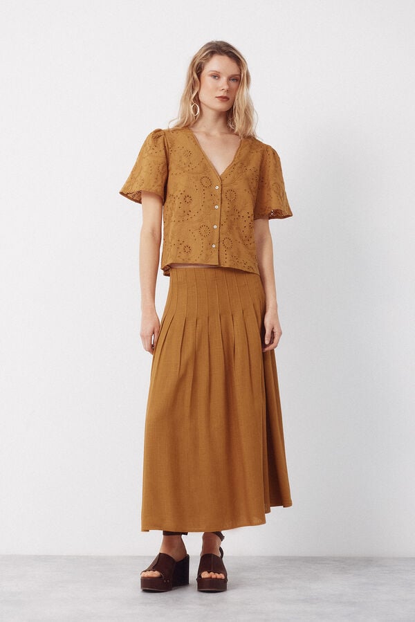 Cortefiel Midi pleated skirt Gold