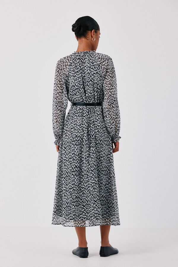 Cortefiel Printed fluid dress with belt Printed beige
