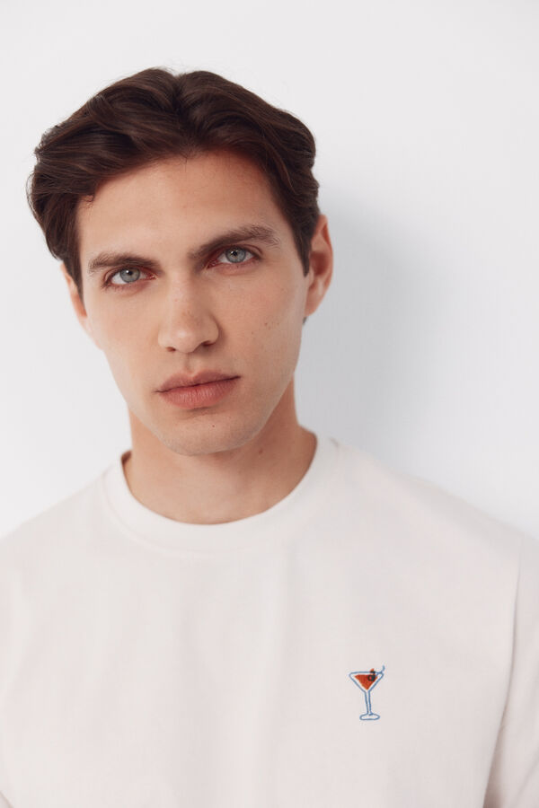 Cortefiel Embroidered T-shirt Ivory