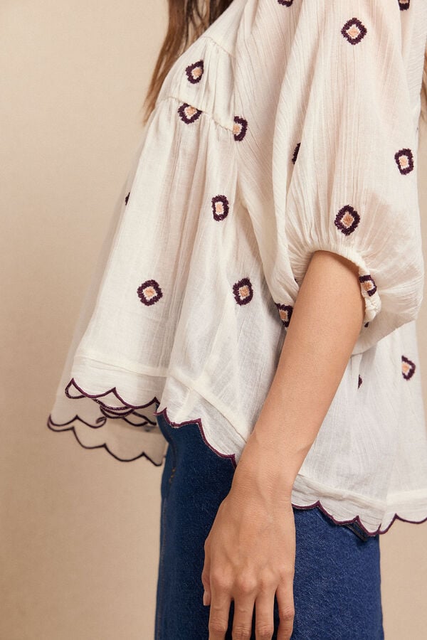Slowlove Blusa frunces bordados Blanco