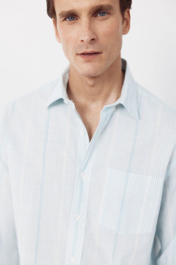 Cortefiel Striped cotton slub shirt Blue