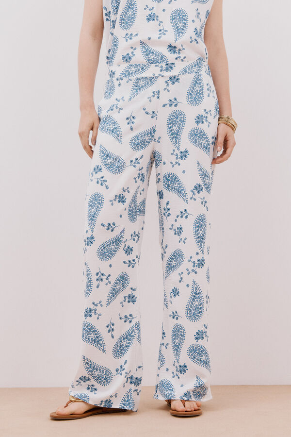 Cortefiel Printed wide-leg trousers White