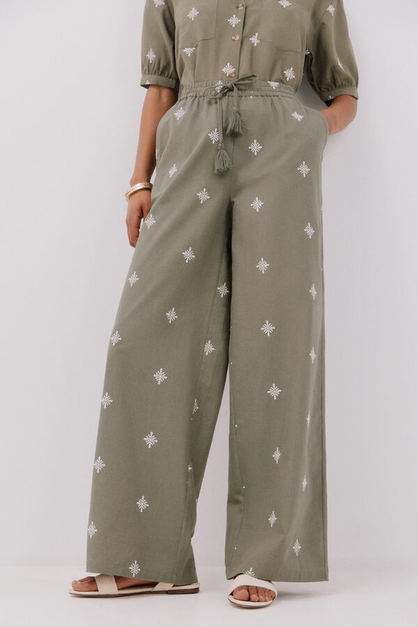 Cortefiel Calças fluidas bordadas Verde