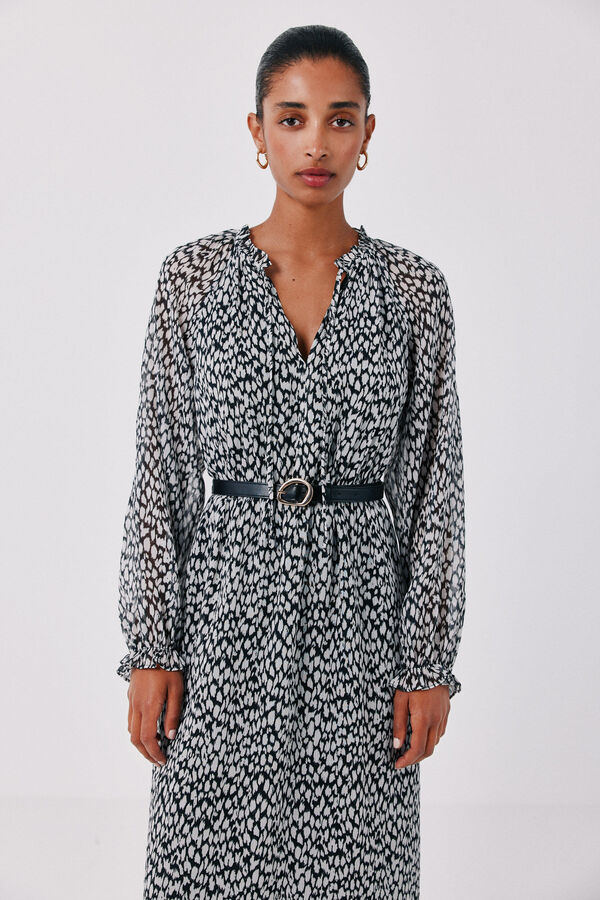 Cortefiel Printed fluid dress with belt Printed beige