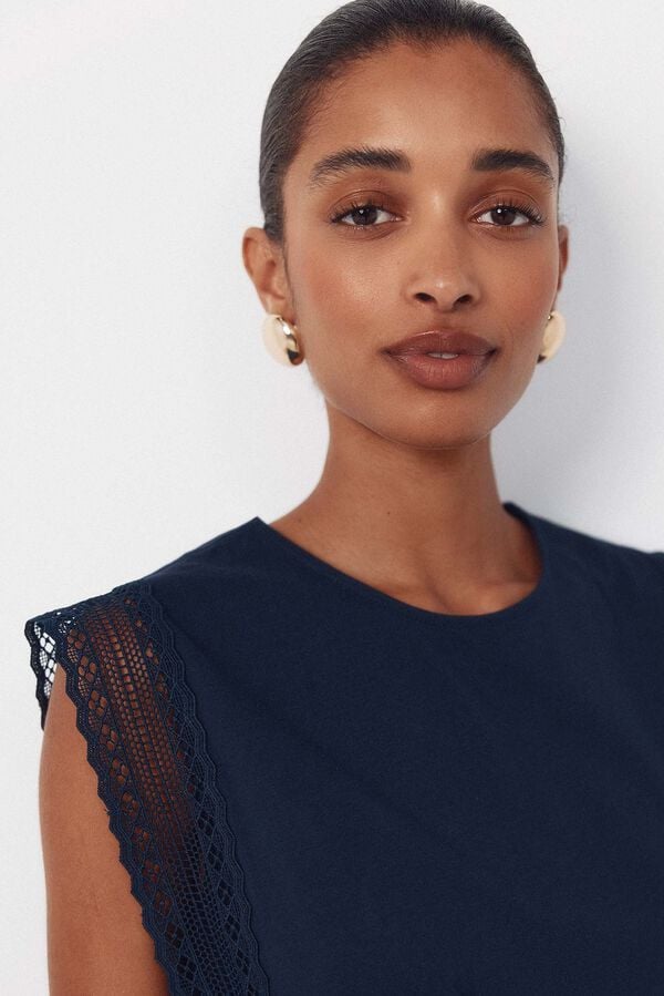 Cortefiel Guipure sleeve -shirt Navy