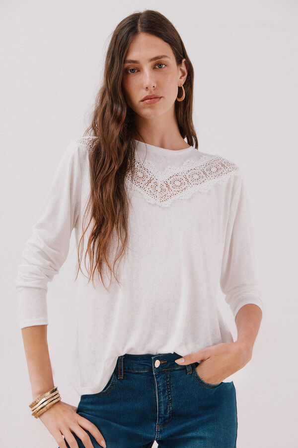 Cortefiel Camiseta detalle encaje floral Blanco