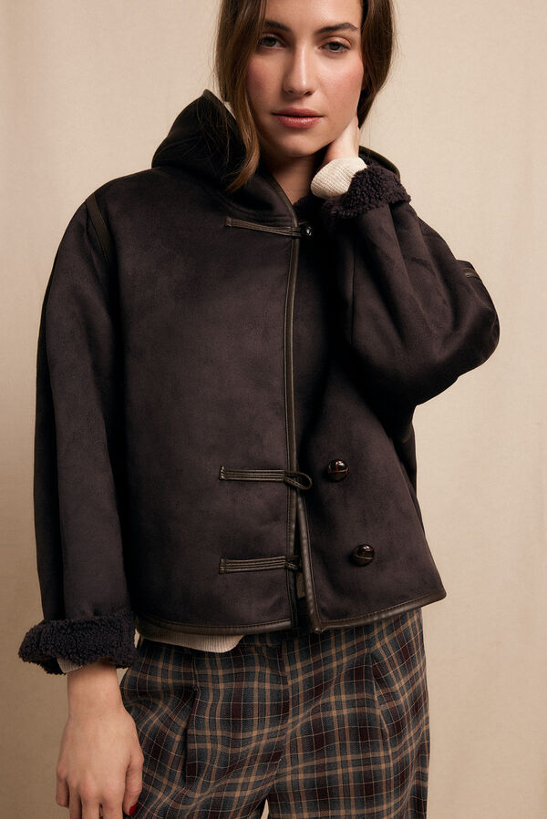 Slowlove Sobretudo curto com efeito dupla face e capuz Castanho