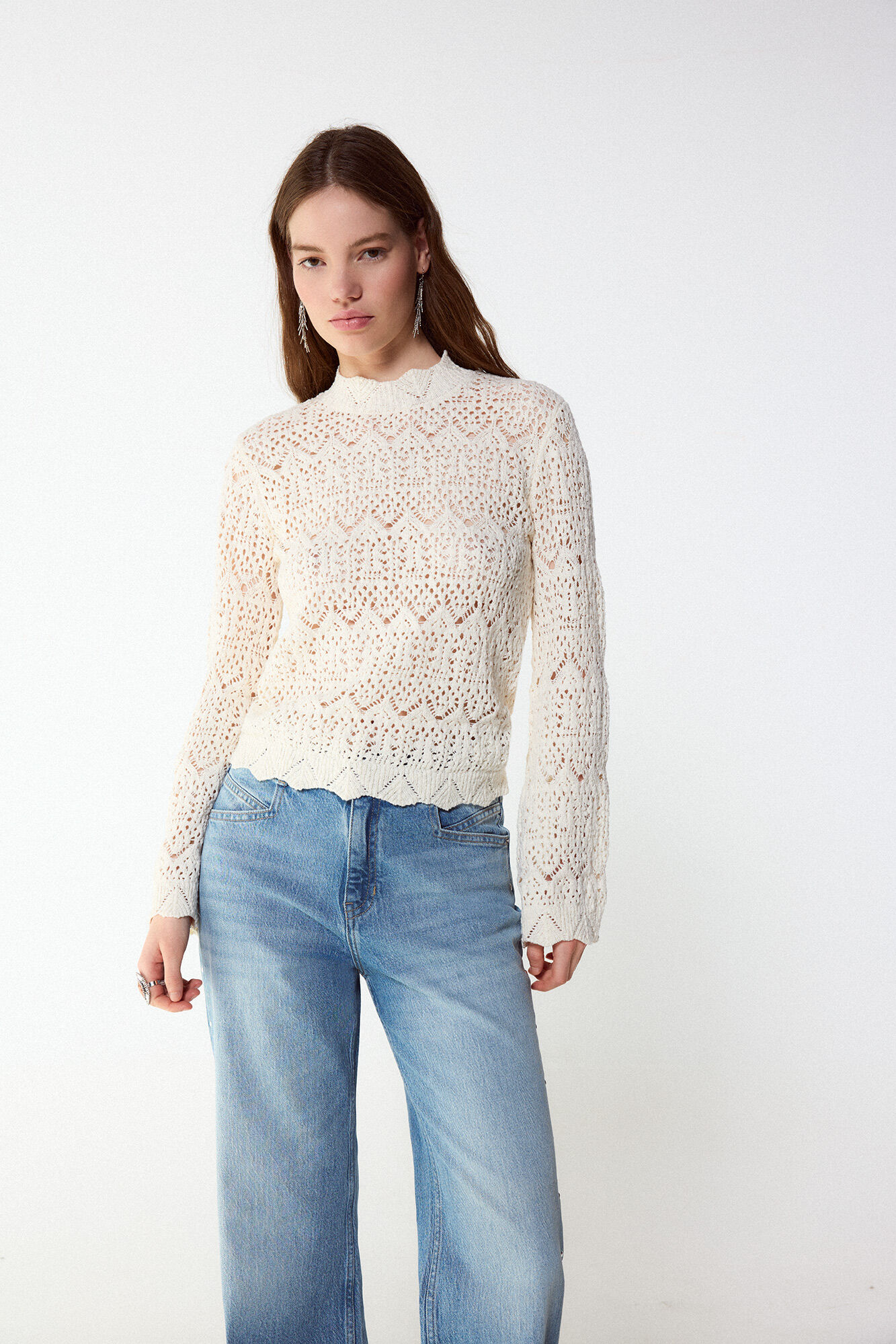 Slowlove Camisola de malha perfurada gola perkins