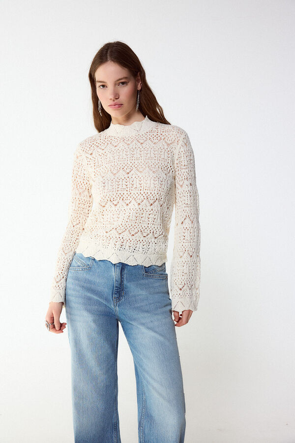 Slowlove Camisola de malha perfurada gola perkins Ecru