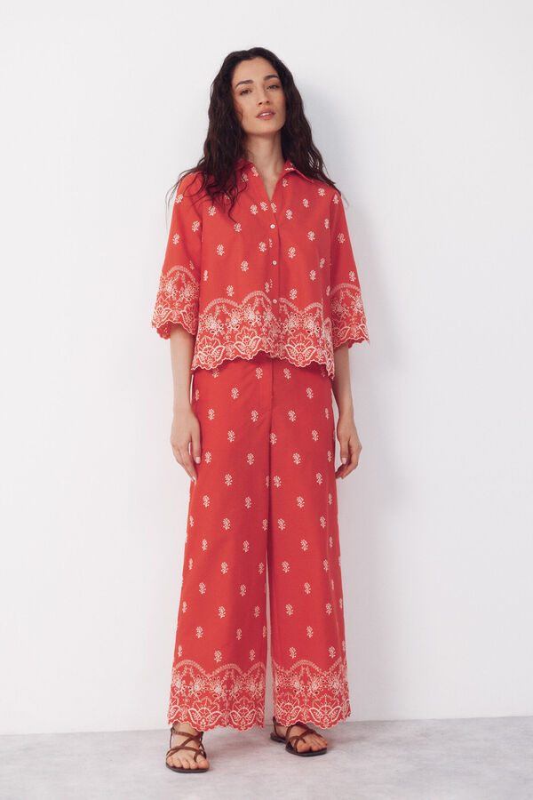 Cortefiel Embroidered shirt Coral