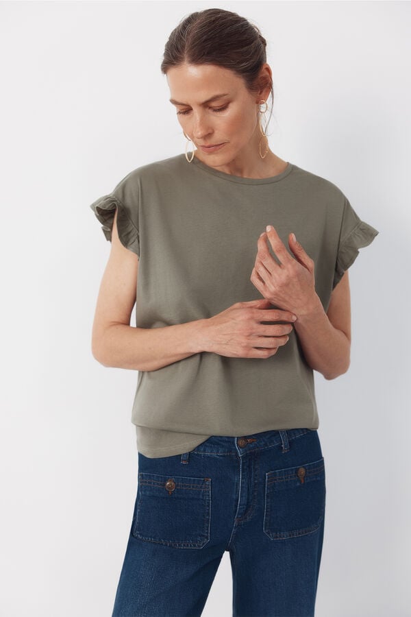 Cortefiel Essential ruffle t-shirt Kaki