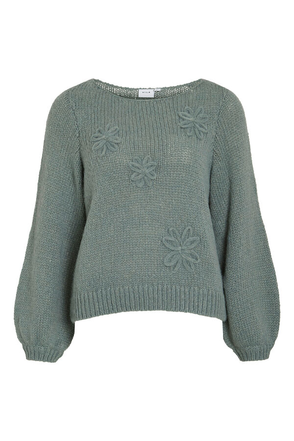 Vila Jersey-knit sweater with embroidered flower detail Kaki