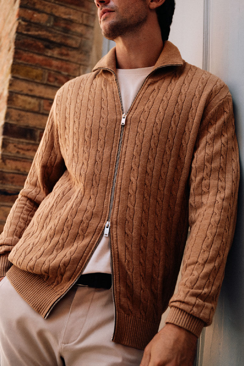 Cortefiel Cotton braided knit zip fastening cardigan