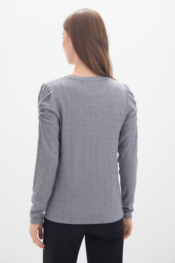 Cortefiel Elasticated textured top with puffed sleeves Grey