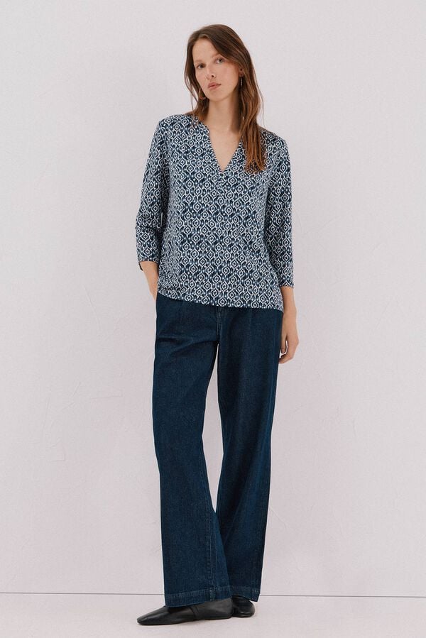 Cortefiel Basic top with mandarin collar Printed blue