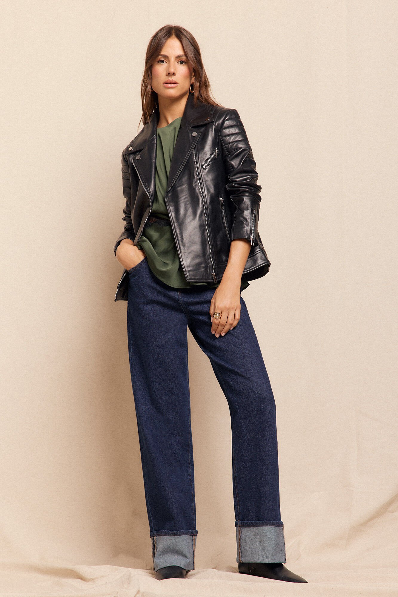 Slowlove Jaqueta biker em napa com acolchoamento nos ombros