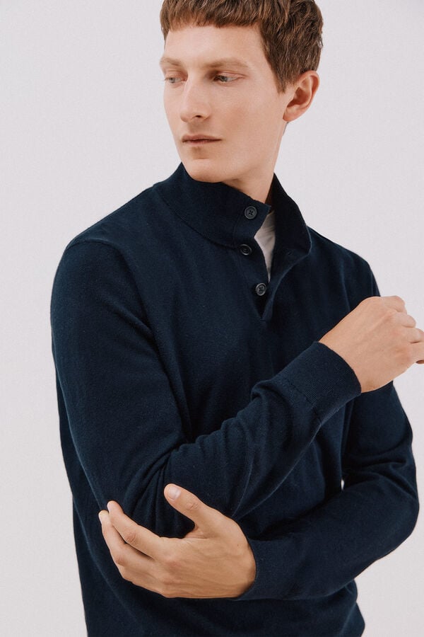Cortefiel Cotton/silk cashmere high neck jumper Navy