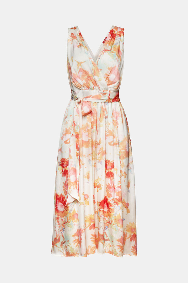 Cortefiel Long floral print pleated dress Printed white