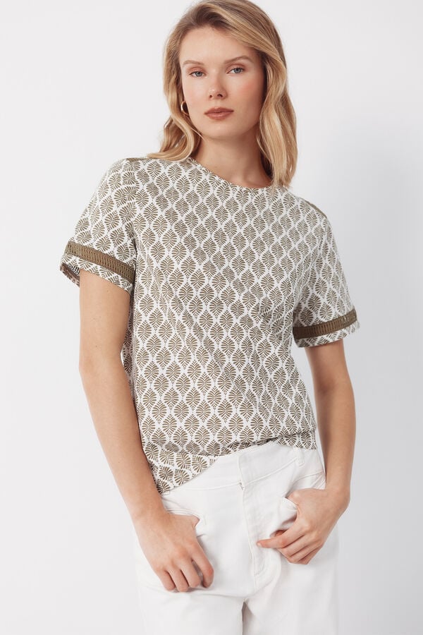 Cortefiel Hemstitch detail t-shirt Printed green