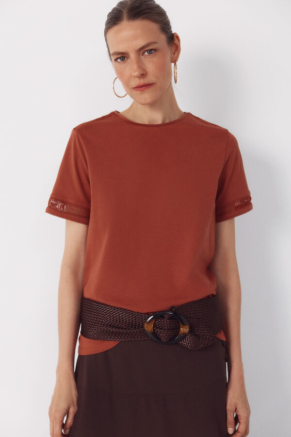 Cortefiel Hemstitch detail t-shirt Brown