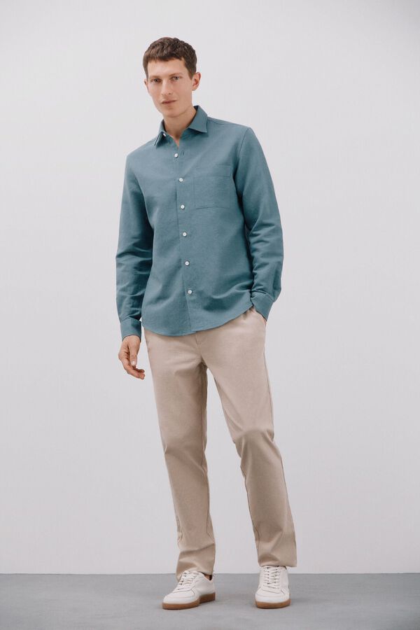 Cortefiel Plain linen/cotton shirt Blue