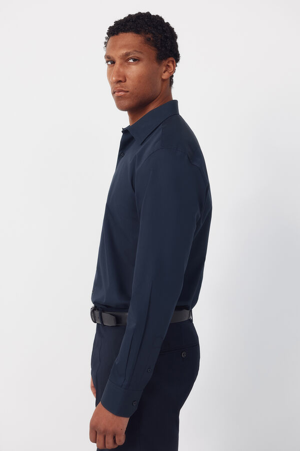 Cortefiel Camisa vestir lisa algod&oacute;n tencel Azul marino