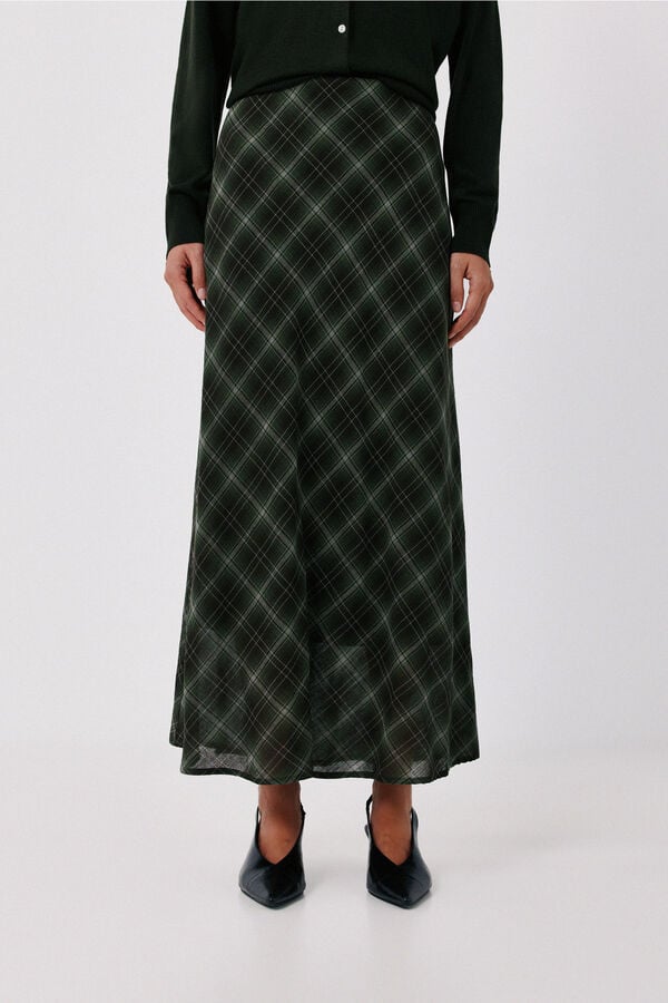 Cortefiel Plaid midi skirt Printed green