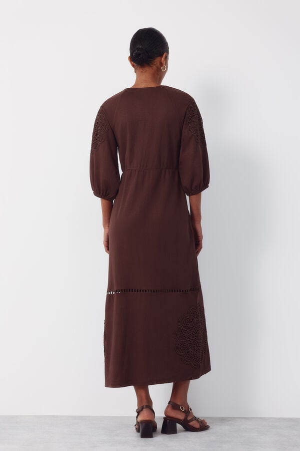 Cortefiel Floral guipure patchwork dress Brown