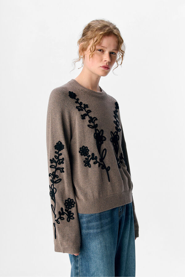 Object Camisola de malha bordado com flores Cinzento