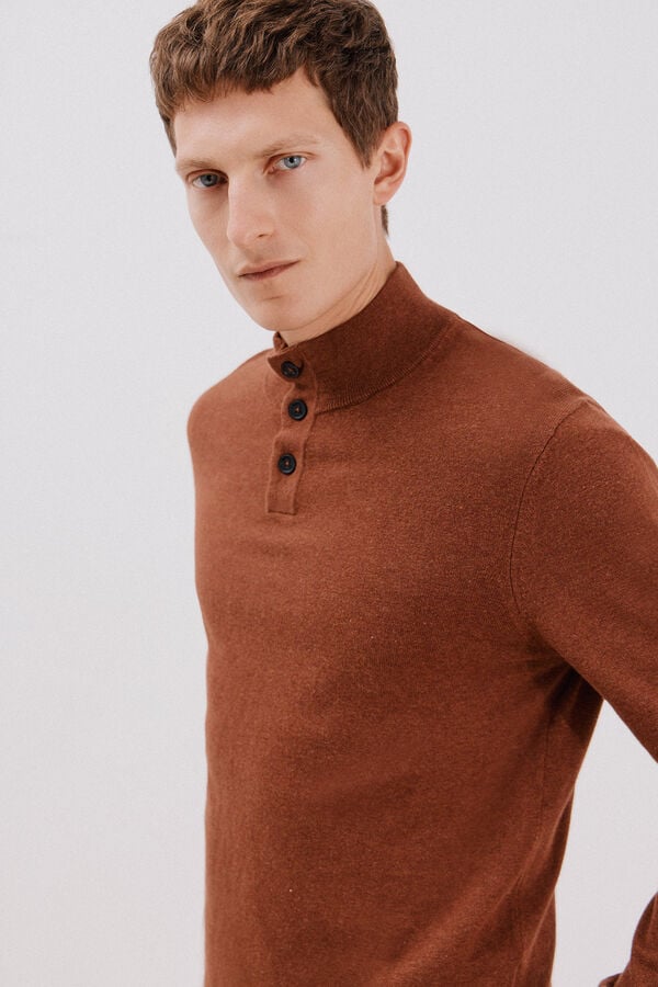 Cortefiel Cotton/silk cashmere high neck jumper Brown